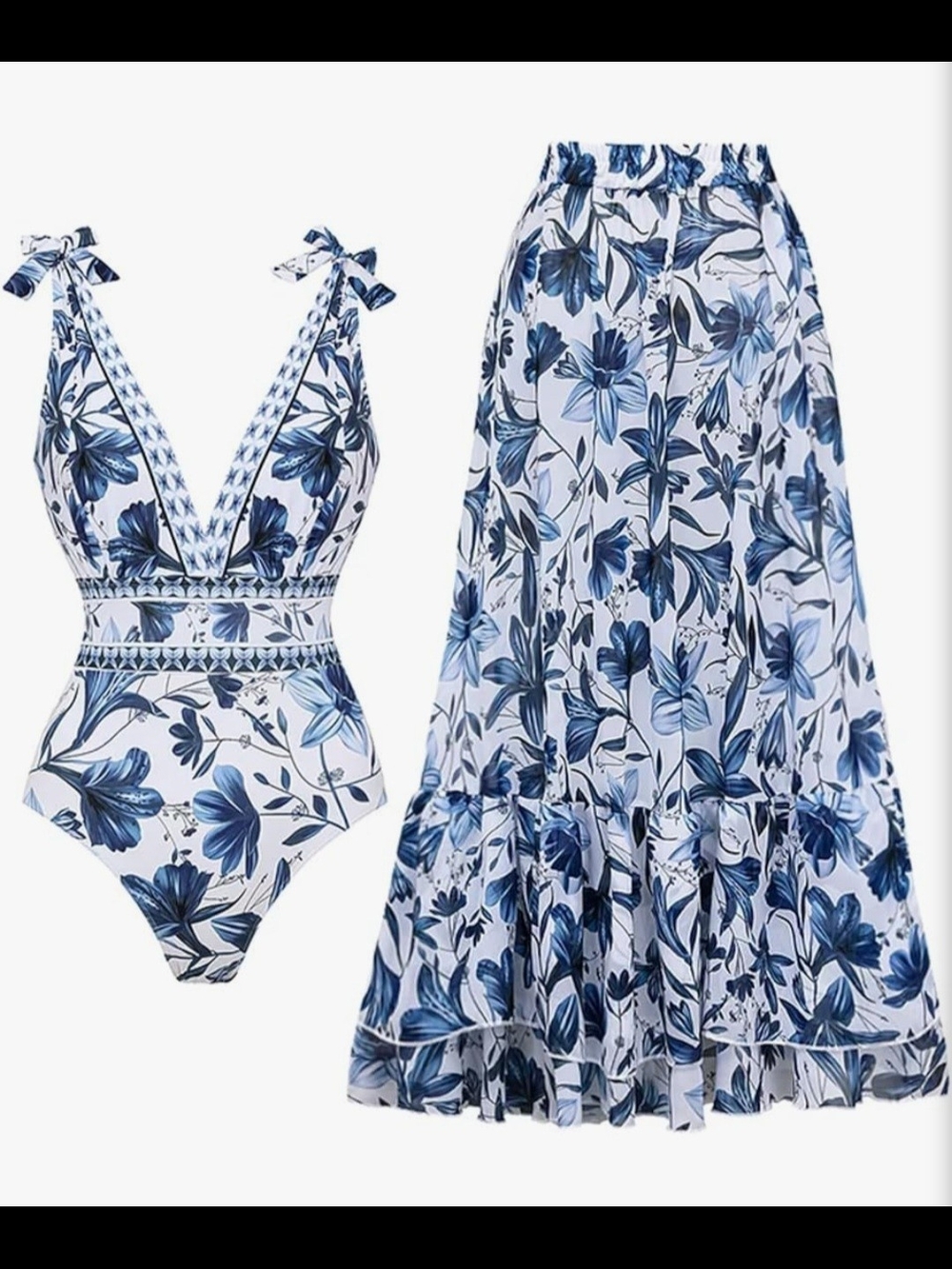 Blue Floral One-Piece Swimsuit & Maxi Skirt Set